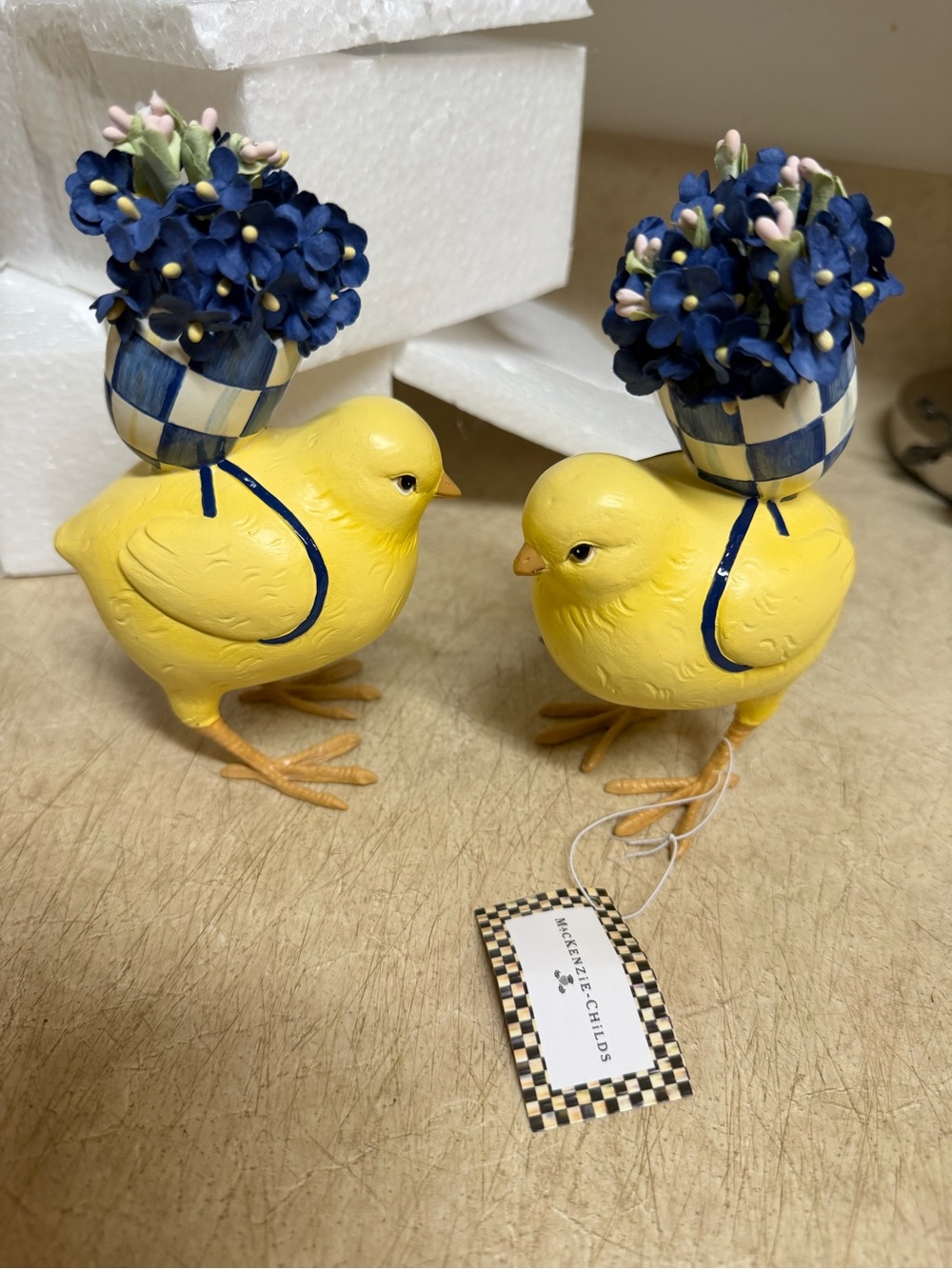 McKenzie-Childs Yellow Chick Bud Vases with Blue Flowers